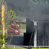 Oslo brann- og redningsetat tok i bruk LUF 60, et beltegående kjøretøy som kan blåse bort brannrøyk og spyle store mengder vann, vanntåke eller skum, etter eksplosjonen på en hydrogenstasjon i Sandvika. Bilde: Heiko Junge / NTB scanpix