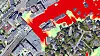 Det røde feltet på bildet viser hvor det er størst fare for flom i Bekkestua i Bærum kommune, ifølge 7Analytics. Illustrasjon: 7Analytics