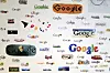 GOOGLE DOODLES: Google leker seg ofte med egen logo, alt fra humoristiske påfunn til markering av viktige begivenheter, såkalte Google Doodles. Dette bildet, fra veggen på Google-kontoret ved Venice Beach i LA, viser noen av sprellene. Anledningen var ikke like artig: Google Incs resultat for fjerde kvartal 2011 var 'bare' på 16 milliarder kroner. Det sendte aksjekursen nesten 10 prosent ned.