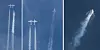 Denne bildesammenstillingen viser hvordan SpaceShipTwo først separeres fra bæreflyet White Knight Two og senere havarerer under en testflygning over Mojave-ørkenen fredag 31. oktober i fjor.