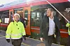 Samferdselsminister Jon Georg Dale og kommunikasjonsleder Trine Bratlie Evensen fra Bane Nor, under åpningen av Farriseidet - Porsgrunn. Foto: Preben Liland Madsen