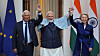 EU-rådets president Antonio Costa, Indias statsminister Narendra Modi og EU-president Ursula von der Leyen. Her er de før møtet i New Delhi.
