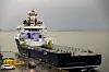 PSV-en Stril Mermaid ligger fortøyd utenfor hovedkontoret til Simon Møkster Shipping i Stavanger. Forsyningsskipet kom rett fra 5-årsklassing og gikk rett ut i arbeid etter et kort Stavanger-besøk. Foto: Tore Stensvold