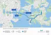 Kart over trikkebruene som er under bygging ved Helsingfors. Halvøya med byens sentrum til venstre. Foto: Kruunusillat-raitiotie