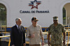 Panama Canal Authority Administrator Ricaurte Vasquez, left, U.S. Defense Secretary Pete Hegseth, center, and Southcom Commander Navy Adm. Alvin Holsey pose for a photo during a tour of the Panama Canal's Miraflores Locks, in Panama City, Tuesday, April 8, 2025. (AP Photo/Matias Delacroix)