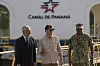 Panama Canal Authority Administrator Ricaurte Vasquez, left, U.S. Defense Secretary Pete Hegseth, center, and Southcom Commander Navy Adm. Alvin Holsey pose for a photo during a tour of the Panama Canal's Miraflores Locks, in Panama City, Tuesday, April 8, 2025. (AP Photo/Matias Delacroix)
