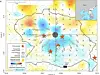 Den grå sirkelen med 6-tallet i midten symboliserer den kjernefysiske sprengningen 3/9-2017, og den hvite sirkelen nedenfor er den andre seismiske hendelsen samme dag. Den hvite pilen angir horisontale forskyvninger av fjellet, mens fargekodene angir vertikale forskyvninger. De røde stjernene angir stedene for de første fem sprengningene. Illustrasjon. Foto: Science