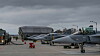 Svenske Jas 39 Gripen-fly står oppstilt etter ankomst ved flyplassen i Malbork, Polen.