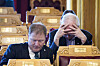 Oslo 20250409. Sigbjørn Gjelsvik i muntlig spørretime på Stortinget onsdag. Per Olaf Lundteigen t.h. Foto: Ole Berg-Rusten / NTB