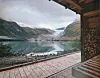 Sauna Svartisen er plassert i en liten dalåpning mot Svartisen, Norges nest største isbre. Badstubygget er integrert i det arktiske landskapet. Foto: Fuse Arkitekter