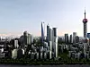 SHANGHAI WORLD FINANCIAL CENTER: Bygget med det lille hullet i toppen skal stå ferdig i 2007 og vil være på 492 meter. Publikum vil få en egen plattform i dette kikkehullet.