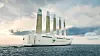 Den svenske skipsbyggeren Wallenius Marine har designet et havgående transportskip for biler som heter Oceanbird. Det er plass til 7000 biler om bord, og en overfart over Atlanterhavet vil ta 12 dager – mot åtte dager for dagens transportskip. Oceanbird vil redusere CO2-utslippene med 90 prosent. Framdriften kommer fra faste, 27 meter høye vingeseil. I hardt vær, eller når Oceanbird må seile under broer, kan seilene trekkes ned som et teleskop, slik at høyden reduseres til 15 meter. Illustrasjon: Wallenius