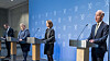 F.v.: Barne- og familieminister Kjell Ingolf Ropstad, statsminister Erna Solberg, næringsminister Iselin Nybø og finansminister Jan Tore Sanner presenterer regjeringens forslag til midlertidige endringer i skattesystemet for olje- og gassnæringen.