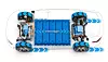 Skjematisk oppsett av MEB (Modular Electrification Toolkit), med en valgfri motor for firehjulsdrift (venstre, fronten på kjøretøyet), og hoveddrivenhet (høyre, bakenden på kjøretøyet).