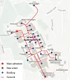 I et forenklet kart over Gløshaugen viser forskerne hvordan datasenteret (blå stjerne nederst) og campus-nettverket for fjernvarme med de forskjellige bygningene er koblet sammen med kommunens fjernvarmenettstasjon (rød stjerne øverst til venstre). Illustrasjon: Hou, Li og Nord
