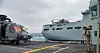 HMCS Fredericton den første RAS-operasjonen med britiske RFA Tiderace. På dekk på fregatten står et Sikorsky CH-148 Cyclone, mens på logistikkskipet står et Leonardo Helicopters AW101 Merlin. Foto: SNMG1