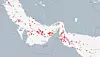 Skjermdump fra Marine Traffic tatt 13. april klokken 10.52. Oljetankerne som ligger stille, vises som røde prikker. De som beveger seg, vises som piler. Skjermbilde: Marine Traffic