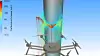 Illustrasjonen fra Fraunhofer viser hvordan dronen sprøyter ut og legger et tynt sjikt på rotorbladet. Fargen representerer tykkelesen, målt i mikrometer, se til ventre i bildet. Foto: Fraunhofer