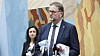 Medlem av Stortingets finanskomité Svein Harberg (H) holder pressekonferanse på Stortinget om regjeringens krisetiltak i forbindelse med korona utbruddet torsdag.