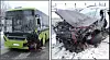 Bildene viser en hjørne-mot-hjørne kollisjon mellom buss og personbil på Eidsvoll i 2024. Personbilfører ble alvorlig skadet mens bussfører fikk lettere skader.