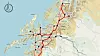 Nord-Norge-banen har vært utredet flere ganger tidligere. Kartet viser hovedtraseen fra utredningen tidlig på 1990-tallet, med alternative traseer (de tynne rød strekene).