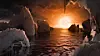 Illustrasjonen viser hvordan overflaten på TRAPPIST-1f, en av de nyoppdagede planetene i TRAPPIST-1-systemet, kan se ut. Forskerne har oppdaget at det er sju planeter av jordstørrelse i systemet, tre av dem i den beboelige sonen. Illustrasjon: Nasa/JPL-Caltech