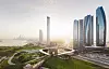 Oversiktsillustrasjonen forestiller Abu Dhabi, med den sirkelformede terminalen i midten av bildet. Foto: BIG og Hyperloop One