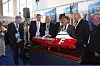 FLANKERER ÅRETS SKIP: Designer Martijn Peter de Jonh (Rolls-Royce), kaptein Ståle Synnes (Farstad), adm.dir Steinar Nerbøvik (STX Langsten), delvis skjult, statssekretær Halvard Ingebrigtsen (NHD), styreleder Sverre A. Farstad (Farstad Shipping) Rolf Sæther (jurymeldem) og Birger Skår (jurymedlem).