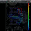 Beregnet kobling mellom baner i et DDR4-interface. Farvekodene hjelper med å optimere designet ved å separere baner med høy kobling. Det røde området viser økt kobling grunnet problemer i referanselaget, som påvirker både impedans og kobling. Foto: Nordcad