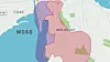 Rosa områder viser kvikkleiresonen, blå områder viser utløpsområde for kvikkleiren. Planlagt dobbeltspor og stasjon skal gå sørover langs fjorden, i vekselvis blå og rosa sone. Kart basert på NGI-rapport fra februar i år.