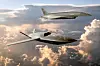 Det kan hende at norske F-35-fly en gang i framtiden vil fungere som et knutepunkt for avanserte følgedroner som disse, General Atomics' YFQ-42A (foran) og Andurils YFQ-44A (bak). Dette er en illustrasjon.