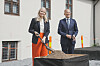 Kronprinsesse Mette-Marit og Statsbygg-sjef Harald Nicolaisen legger ned grunnsteinen til det nye Vikingtidsmuseet på Bygdøy.