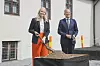 Kronprinsesse Mette-Marit og Statsbygg-sjef Harald Nicolaisen legger ned grunnsteinen til det nye Vikingtidsmuseet på Bygdøy.