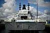 Akterdelen av den britiske Type 26-fregatten HMS Glasgow (F88), slik den så ut i september. Dette var rundt en måned etter at de to store radiomastene ble montert.
