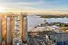 Mottaksterminalen for CO2-lageret til Northern Lights er 98 prosent ferdig. Det samme er offshoredelen av lageret. Til høyre i bildet står tankene som skal lagre CO2 før den sendes ut offshore.