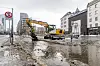 I januar jobbet entreprenørene med å rydde snø og is for å få unna smeltevannet i gatene.