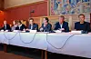 MÅ SVARE: Otto Liebe i Bygganalyse (f.v.), Ingvild Berg i Skiforbundet, direktør for tidligere Kultur- og idrettsetaten Gro Balas, finansbyråd Stian Røsland, byrådsleder Erling Lae, arkitekt Atle Røvik i ØKAW og arkitekt Morten Haave i JDS.