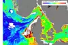 Satellittbildet med klorofylldata viser algeoppblomstringen (rødt) utenfor kysten av Danmark 3. april. Dataene er bearbeidet av det svenske meteorologiske instituttet SMHI.