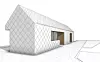 Den nye, prosjekterte servicebygningen får kledning av sølvfargede metallplater, og tilnavnet Sølvdassen ligger snublende nær. Illustrasjon: Nordic Office of Architecture