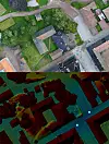 Bildene viser et utsnitt av 3D-modellen. Det nederste bildet viser høyden på terrenget der rødt er høyest i terrenget og blått er lavest. Kummene, som ligger der de blå markørene er, ligger altså på de laveste punktene av museumstomten. Foto: IF