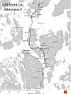 Kommunedelplan E39 Stord-Os viser plankart for den valgte søndre kryssing av Langenuen. Foto: Statens Vegvesen