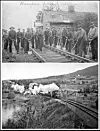 Banemannskaper på Hovedbanen med banevokterboligen på Kløfta i bakgrunnen og godstog i Horgenvika sør for Jaren. Foto: Herman Neupert/Norsk jernbanemuseum
