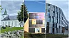 Figur 4. Nyere eksempler fra de siste fem årene viser flere gode løsninger. I midten, 10kW solstrømanlegg bygningsintegrert i veggene på kompakthuset i Randaberg tegnet av artikkelforfatteren Til venstre, på Strand kirke i Rogaland er hele skifertaket byttet ut med solceller. Til høyre er veggintegrerte solceller bruk til å rehabilitere fasadene på Oljedirektoratet ved UiS Campus, Ullandhaug. Foto: Harald N. Røstvik
