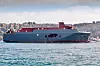 Etterretningstjenestens nye overvåkingsfartøy Marjata under slep gjennom Bosporosstredet i Istanbul, på vei fra Romania til verftet Vard Langsten i Møre og Romsdal, dit det ankom søndag.