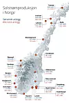Kartet viser forventet strømproduksjon pr. installert kWp med solceller ulike steder i Norge. Illustrasjon: Delta V