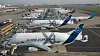 De to første Beluga XL-flyene på Airbus-fabrikken på Toulouse-Blagnac lufthavn. De skal settes i drift tidlig i 2020.