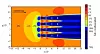 Havmølleparken påvirker vinden foran seg. Her ses en Computational Fluid Dynamics (CFD) beregning av reduksjonen i vindhastigheten rundt en vindmøllepark bestående av 4x4 møller (hver mølle er indikert som en tykk hvit strek). Vinden kommer fra venstre og wake-effekten ses som konturer i skiftende farger. Stor reduksjon er markert med blått. Blokkeringseffekten fra de fremste møllene i parken ses dels som en lokal reduksjon rett foran møllen, og dels som en global blokkeringseffekt som gir reduksjoner i vindhastigheten på 1– 2 prosent langt foran mølleparken. Illustrasjon: Paul van der Laan