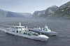 Illustrasjon av det kommende logistikkfartøyet KNM Maud sammen med en fregatt i Fridtjof Nansen-klassen og et NH90-helikopter.
