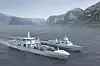 Illustrasjon av det kommende logistikkfartøyet KNM Maud sammen med en fregatt i Fridtjof Nansen-klassen og et NH90-helikopter.