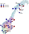 Figur 1. Prinsippet for energisystemmodellering: Separate energiforsyningssystem for de fem ulike strømregionene, og tre ulike grupper for bygningsmassen avhengig av befolkningstetthet. Fjernvarme var antatt å være tilgjengelig for områder med høy og medium tetthet. Merk at plassering av laster og kilder i kartet er ikke eksakt. Illustrasjon: Kauko/Delgado/Sintef